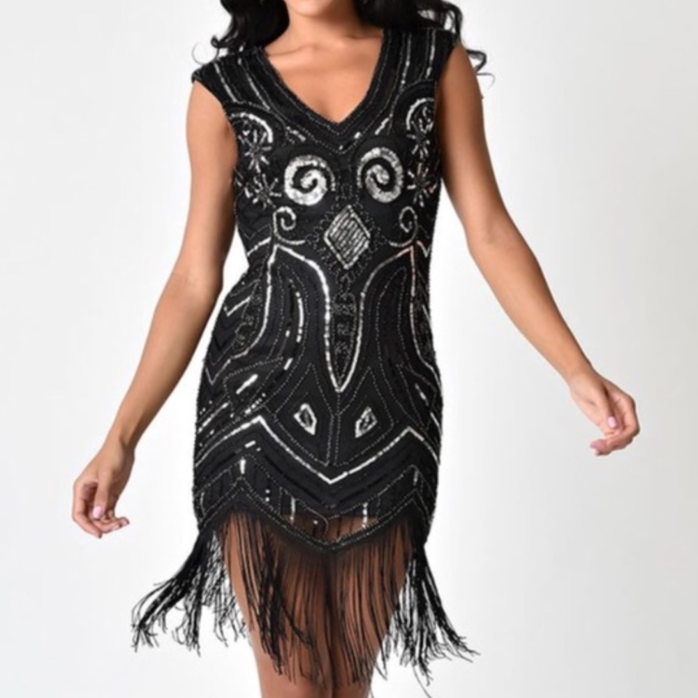 Vintage Style Cap Sleeve Fringe Flapper Dress 6-8